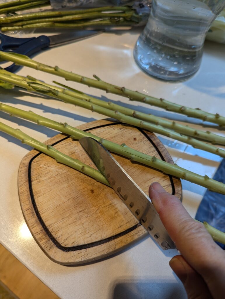 Begin your bouquets by cutting stems of flowers with a sharp knife at a 45 degree angle