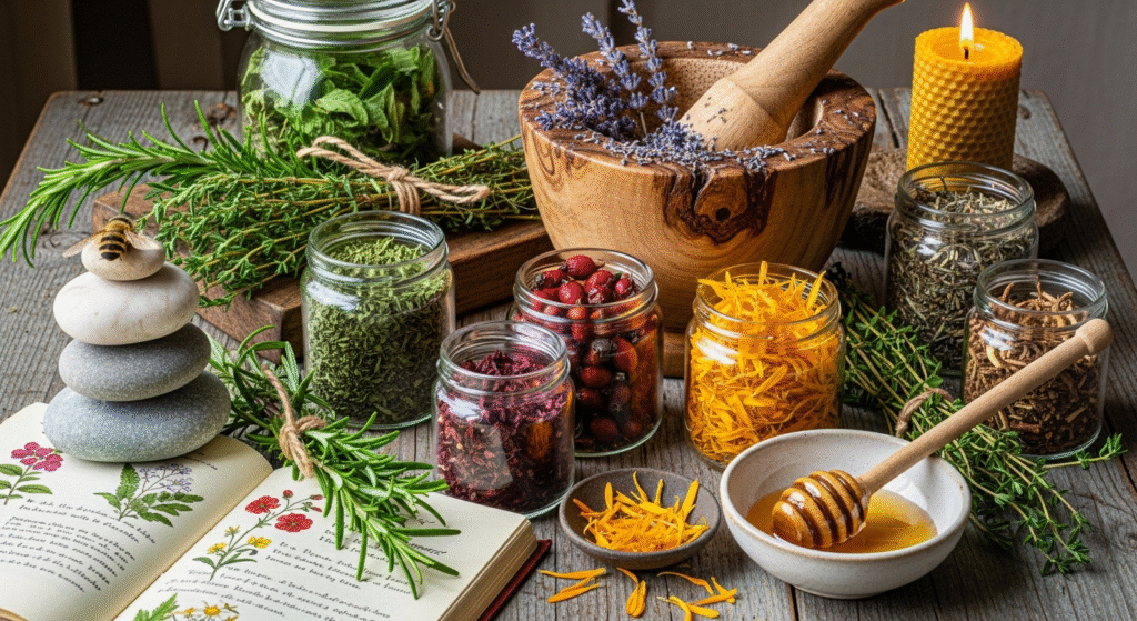A grouping of herbal remedies used for gardening ailments